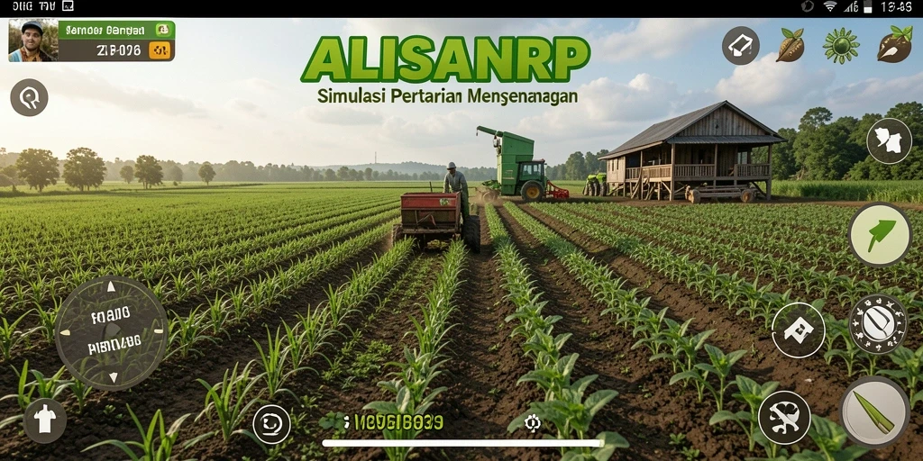Tampilan gameplay ALISANRP dengan ladang hijau dan hewan lucu.