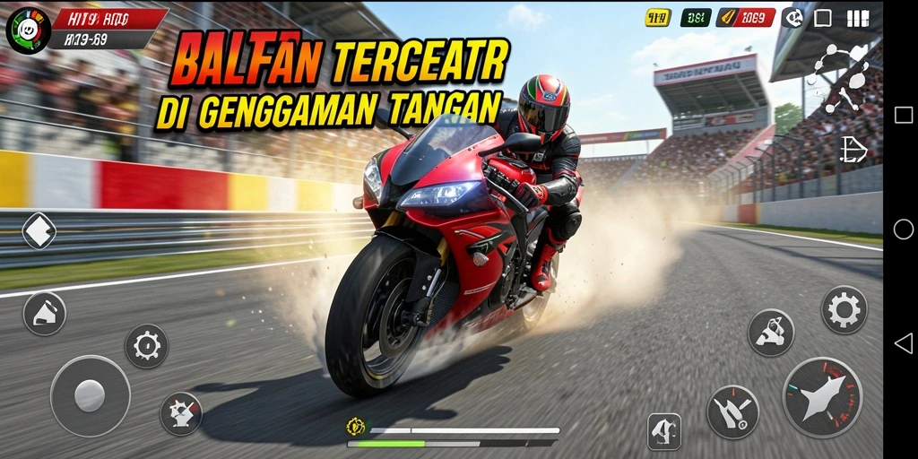 Tampilan gameplay HIT9 yang mendebarkan dan penuh aksi balapan motor.