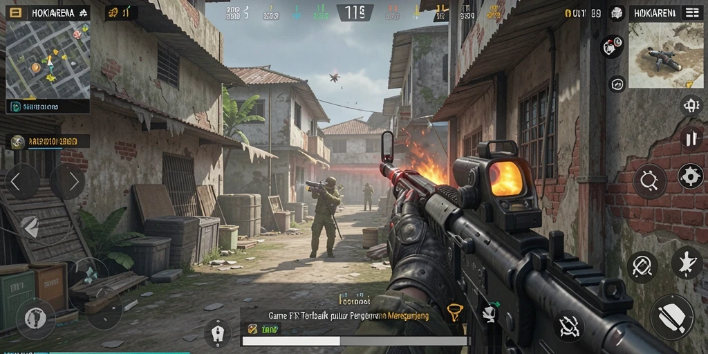 Screenshot gameplay HOKIARENA menampilkan pertempuran FPS yang seru dan intens.