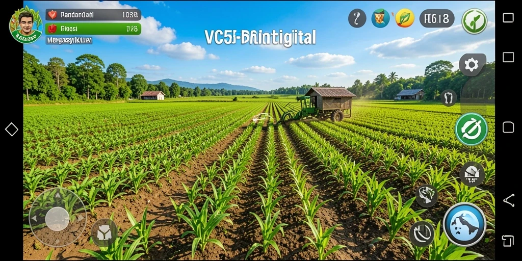 Screenshot gameplay VC55 menampilkan pertanian colorful yang aktif.